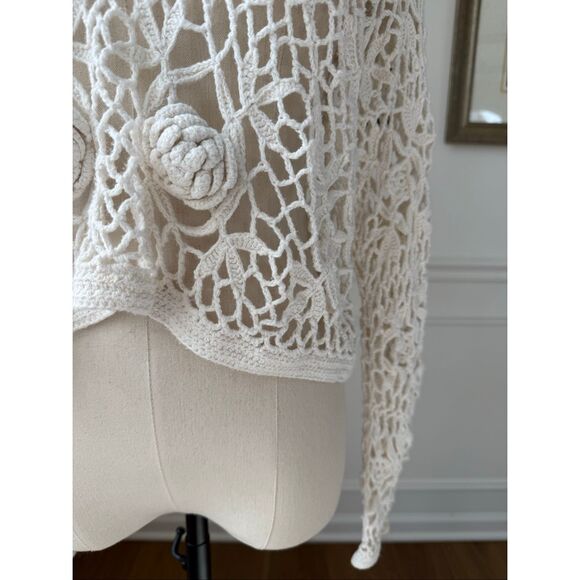 Vintage 90s Y2K One Step Up Ivory Open Knit Crochet Long Sleeve Crop Top OSFM - Picture 3 of 7
